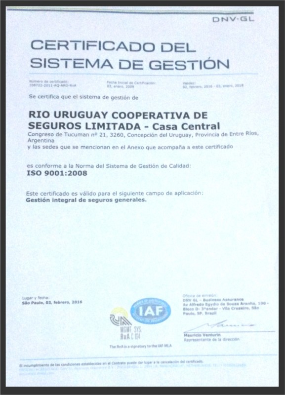 Río Uruguay Seguros recibió Certificado 2016